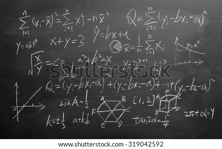 Maths formulas written by white chalk on the blackboard background. Royalty-Free Stock Photo #319042592