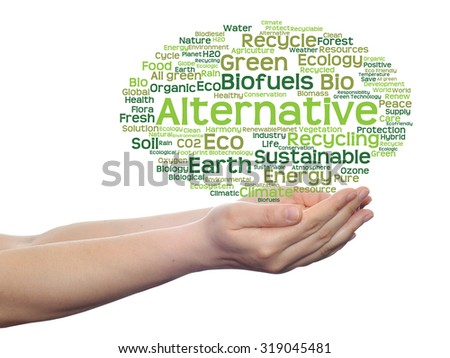 Concept or conceptual abstract green ecology, conservation word cloud text man hand on white background for environment, recycle, earth, clean, alternative, protection, energy, eco friendly or bio