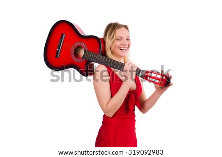 Pretty girl holding guitar isolated on white
