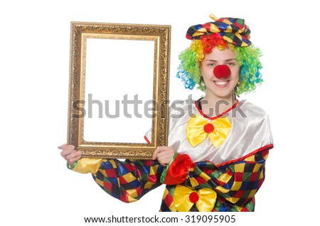 Funny clown girl with frame isolated on white