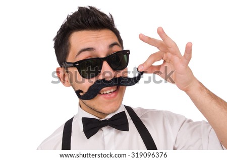 Young man with moustache isolated on white