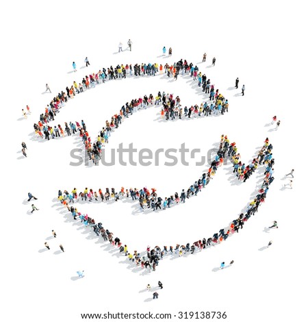A group of people in the shape of an arrow pointing, cartoon, isolated, white background.