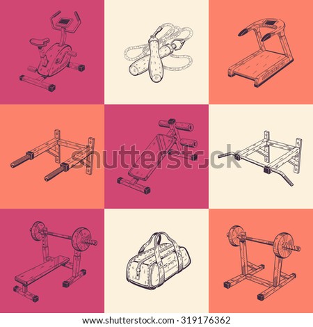 Set of nine illustrations with sports equipment. Vector graphics.