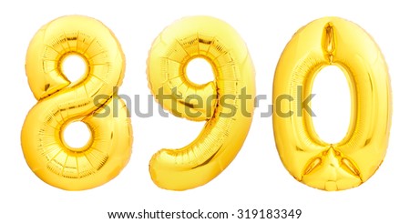 Golden numbers eight, nine, zero made of inflatable balloon isolated on white background. 