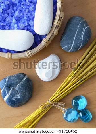 Zen stones, aroma sticks and herbal salt. Spa background series.