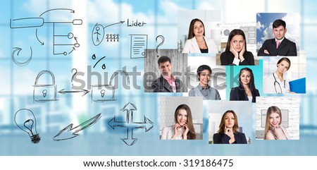 Collage of people from different professions squared blocks with business concept
