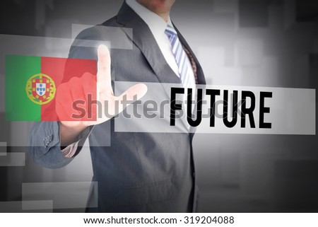 The word future and businessman pointing with his finger against abstract white room