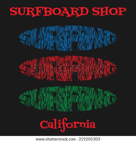Surfboard shop, surfing, California surf typography, t-shirt graphics, poster, banner, flyer, postcard, vector 