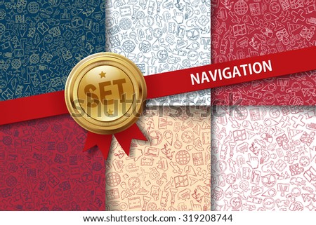 Set of navigation backgrounds with hand drawing icons in different colors
