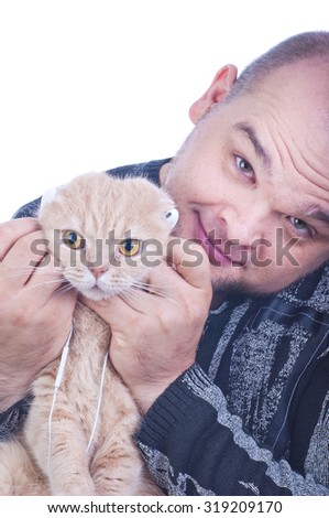 young man with cat isolated white