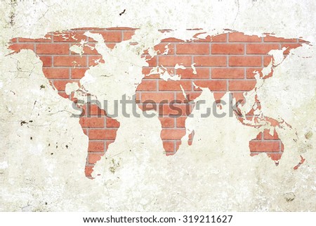 grunge concrete world map on old brick wall