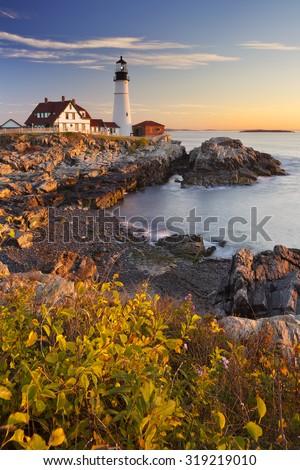 The Portland Head Lighthouse in Cape Elizabeth, Maine, USA. Photographed at sunrise.