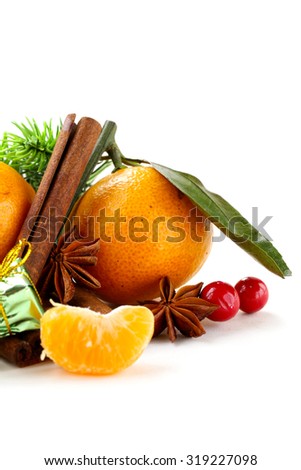 Christmas composition with fresh mandarin oranges, cinnamon, anise