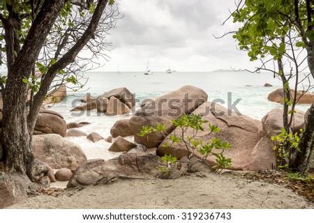 Anse Lazio beach, Praslin, Seychelles. Cloudy day. 
