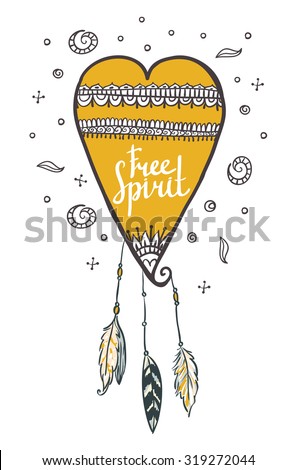 Boho style background. Vector illustration.Heart with feathers. Free spirit card.