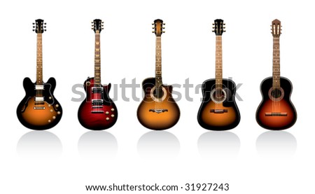 five electric guitars on a white background