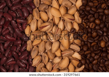 pistachios, coffee beans and red beans