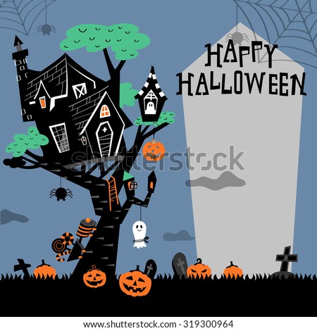 Halloween background with the haunted house on the tree and pumpkins in the bush.
Train and ghost with candies for trick or treat. Spider spinning web from the top of the frame. In black and white.