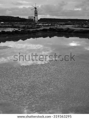 Water pond with salt layers, old salines of Gran canaria
