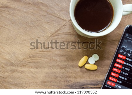 Black coffee and aspirin with a bad news in the morning. Stock market crash, analysis of the market data on smartphone