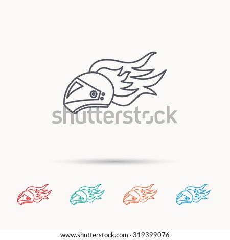 Helmet on fire icon. Motorcycle sport sign. Linear icons on white background. Vector