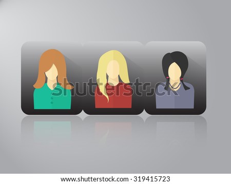 Set of flat women icons. Different faces of women for avatar, profile page, for app or web design made in modern flat style. Vector women characters.