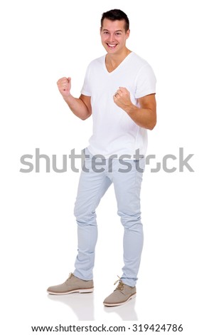 cheerful man holding fists on white background