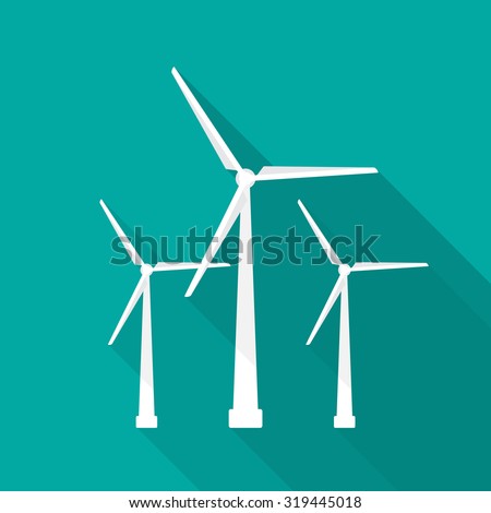 Wind turbine icon with long shadow. Flat design style. Windmill silhouette. Simple icon. Modern flat icon in stylish colors. Web site page and mobile app design element. Royalty-Free Stock Photo #319445018