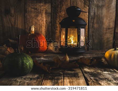 Halloween pumpkin moody picture with lantern, place for your text, advertising, scary picture
