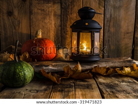 Halloween pumpkin moody picture with lantern, place for your text, advertising, scary picture