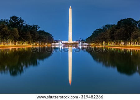 Washington monument, mirrored in the reflecting pool Royalty-Free Stock Photo #319482266