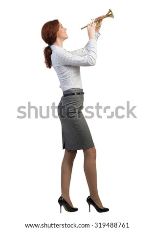 Cheerful businesswoman playing fife isolated on white background