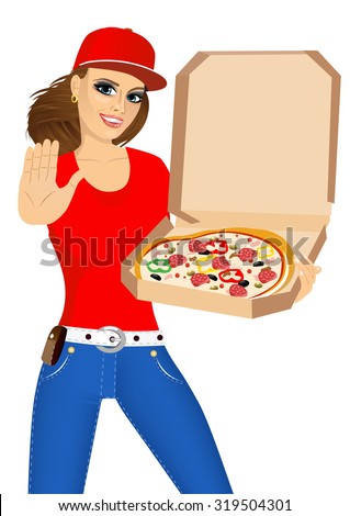 portrait of a pizza delivery woman holding a hot pizza and showing stop gesture isolated on white