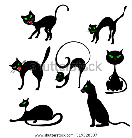 Halloween Holiday Elements Set. Collection With Black Cats in Different Poses Over White Background for Creating Halloween Designs.  Vector illustration.