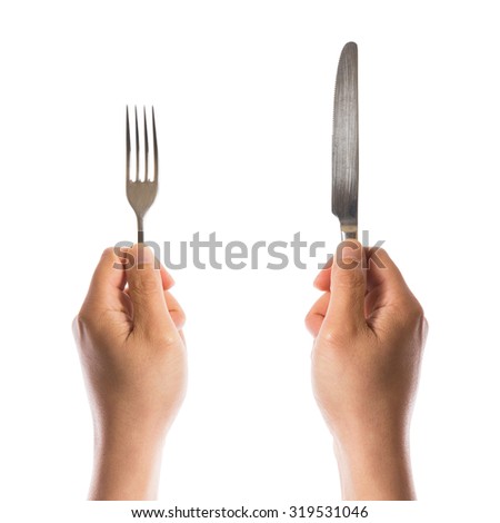 hands hold fork and knife isolated on white background