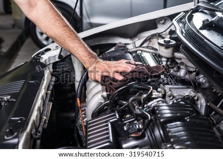 Car detailing series : Cleaning car engine Royalty-Free Stock Photo #319540715
