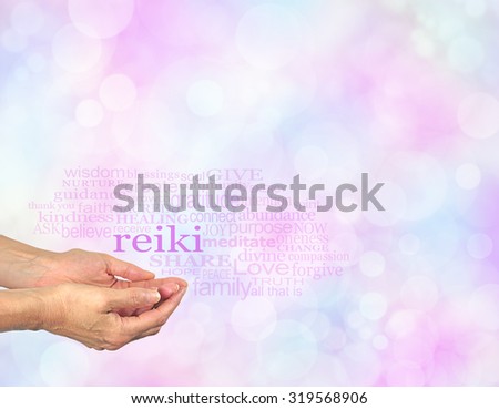 Reiki Share - Female hands cupped with the word 'Reiki' floating above, surrounded by a relevant healing word cloud on a pastel colored bokeh background