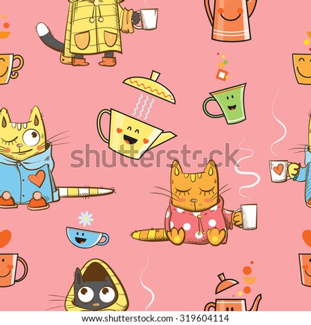 Vector seamless pattern with cute cartoon cats in pajamas, teapots and cups on a pink background.