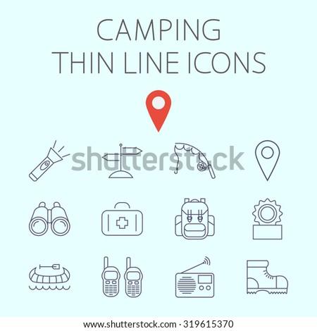 Camping thin line  icon for web and mobile applications. Set includes - binoculars, map pin, kayak, flashlight, signpost, fishing rod, first aid, backpack, canned food, portable radio, shoes 