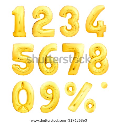Numbers set and percent sing made of golden inflatable balloons Royalty-Free Stock Photo #319626863