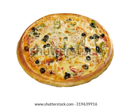 Pizza with tomatoes, peppers and cheese. Studio. Isolated on white background. 