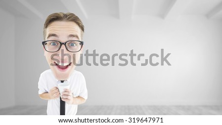 Geeky businessman with mug against bright white room