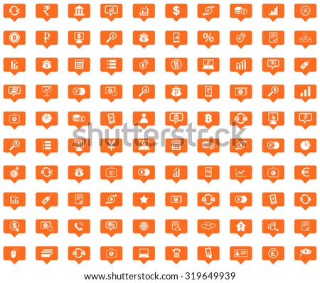 Finance orange message icons set, images in filled chat bubbles on white background