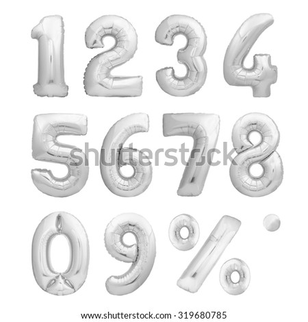 Numbers set and percent sing made of chrome inflatable balloons