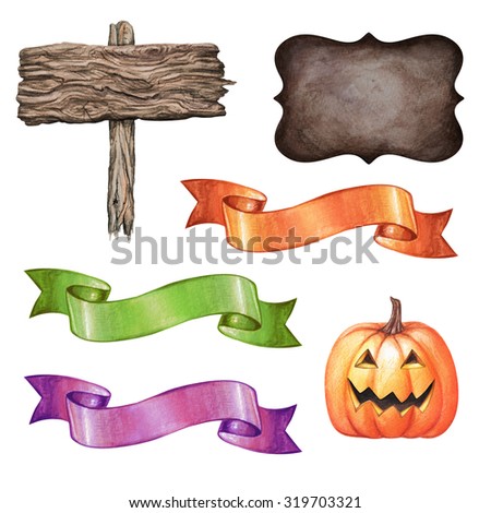 Halloween holiday clip art set, watercolor design elements isolated on white background