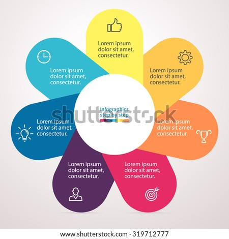 Infographics step by step. Chart, graph, diagram with 7 steps, options, parts, processes with petals. Vector business template for presentation and training.