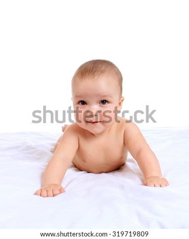 Adorable baby boy  on blanket on a white background