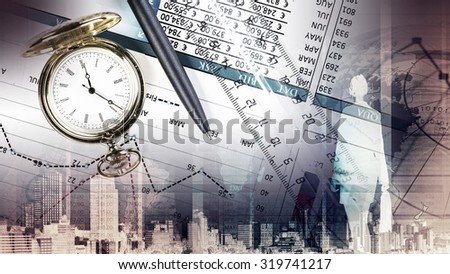 Pocket watch and business concepts on digital background
