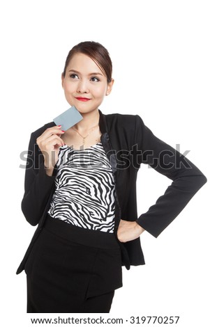 Young Asian business woman think with a blank card  isolated on white background