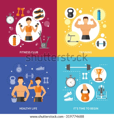 Fitness club sports training and time to begin healthy life flat color concept isolated vector illustration